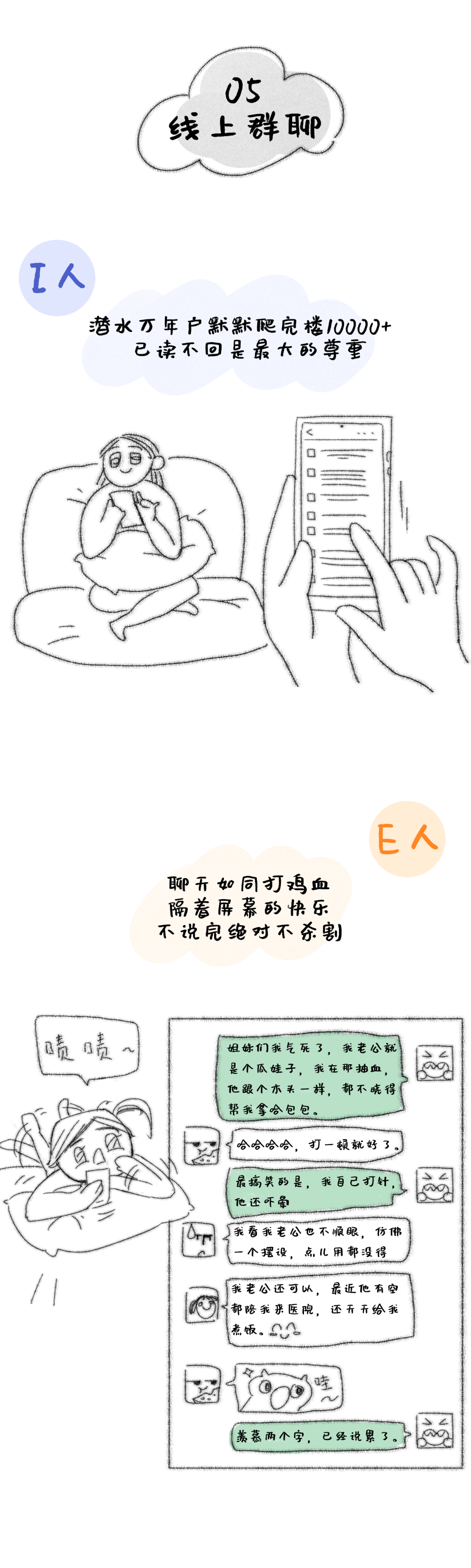04抽血：I人，强装镇定，再害怕、再紧张、再痛苦都能吞下“自我消化”；E人，大喊大叫还没开始就惊抓抓一叫入魂，啊救命啊，别动呀